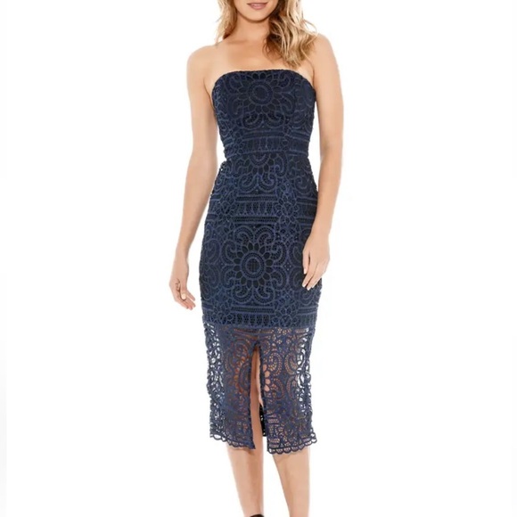 Nicholas Midi Navy Strapless Lace Geo Floral Black Overlay Dress Size 6